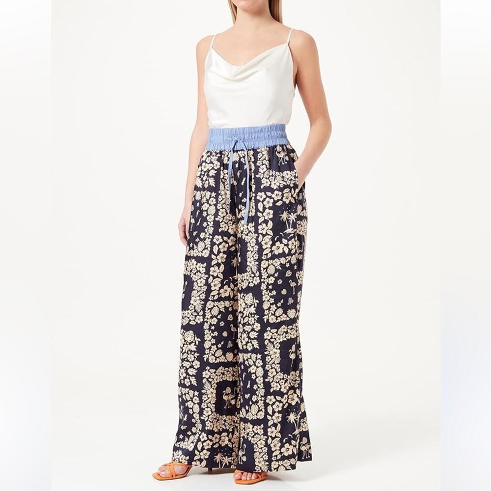 Scotch & Soda Satin Navy Tropical Floral Flamingo Bird Wide Leg Pants S Pockets